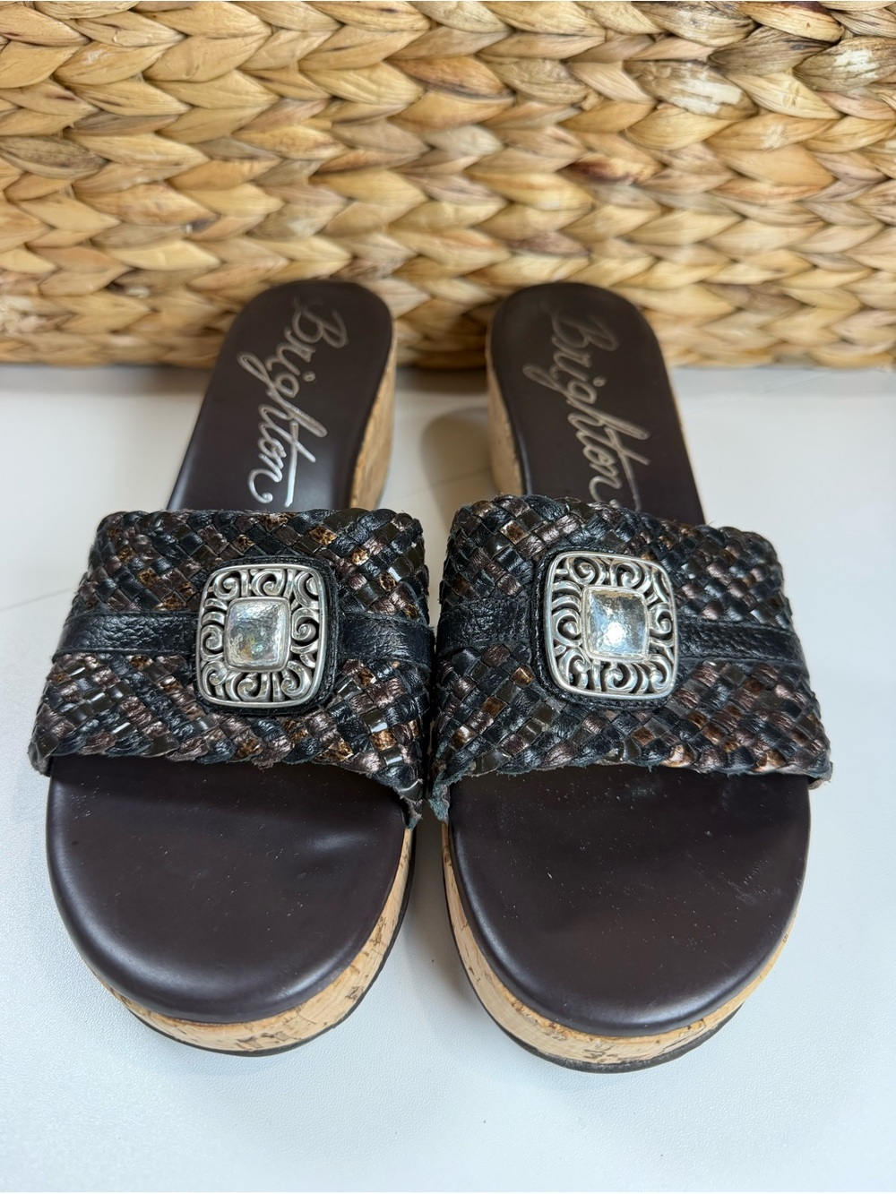Brighton Black and Bronze Metallic leather Woven Slides w Silver detail